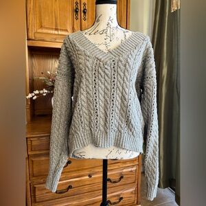 Lands' End Vintage Gray V-Neck Chunky Cable Knit 100% Cotton Fisherman Sweater